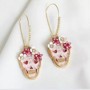 Crystal Accent Pink Floral Skull Drop Earrings